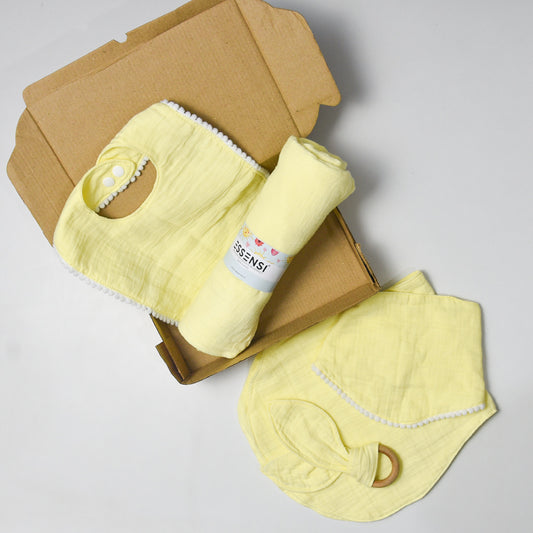 Newborn Baby Gift Hamper | 100% Muslin Cotton Essentials Set with Swaddle, Bibs, Burp Cloth & Teether | Baby Shower Gift Basket for Boys & Girls (Yellow)