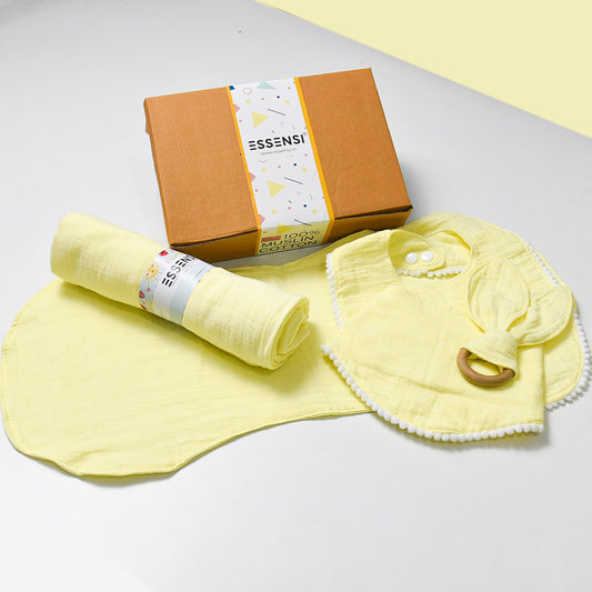 Newborn Baby Gift Hamper | 100% Muslin Cotton Essentials Set with Swaddle, Bibs, Burp Cloth & Teether | Baby Shower Gift Basket for Boys & Girls (Yellow)