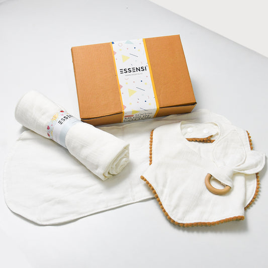 Newborn Baby Gift Hamper | 100% Muslin Cotton Essentials Set with Swaddle, Bibs, Burp Cloth & Teether | Baby Shower Gift Basket for Boys & Girls (White)