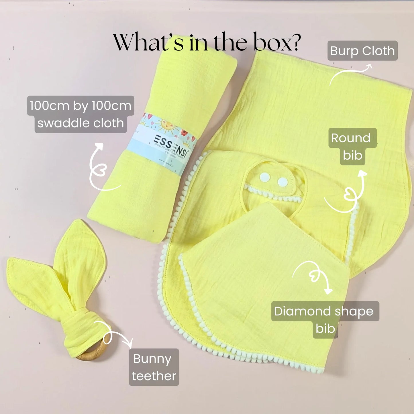 Newborn Baby Gift Hamper | 100% Muslin Cotton Essentials Set with Swaddle, Bibs, Burp Cloth & Teether | Baby Shower Gift Basket for Boys & Girls (Yellow)