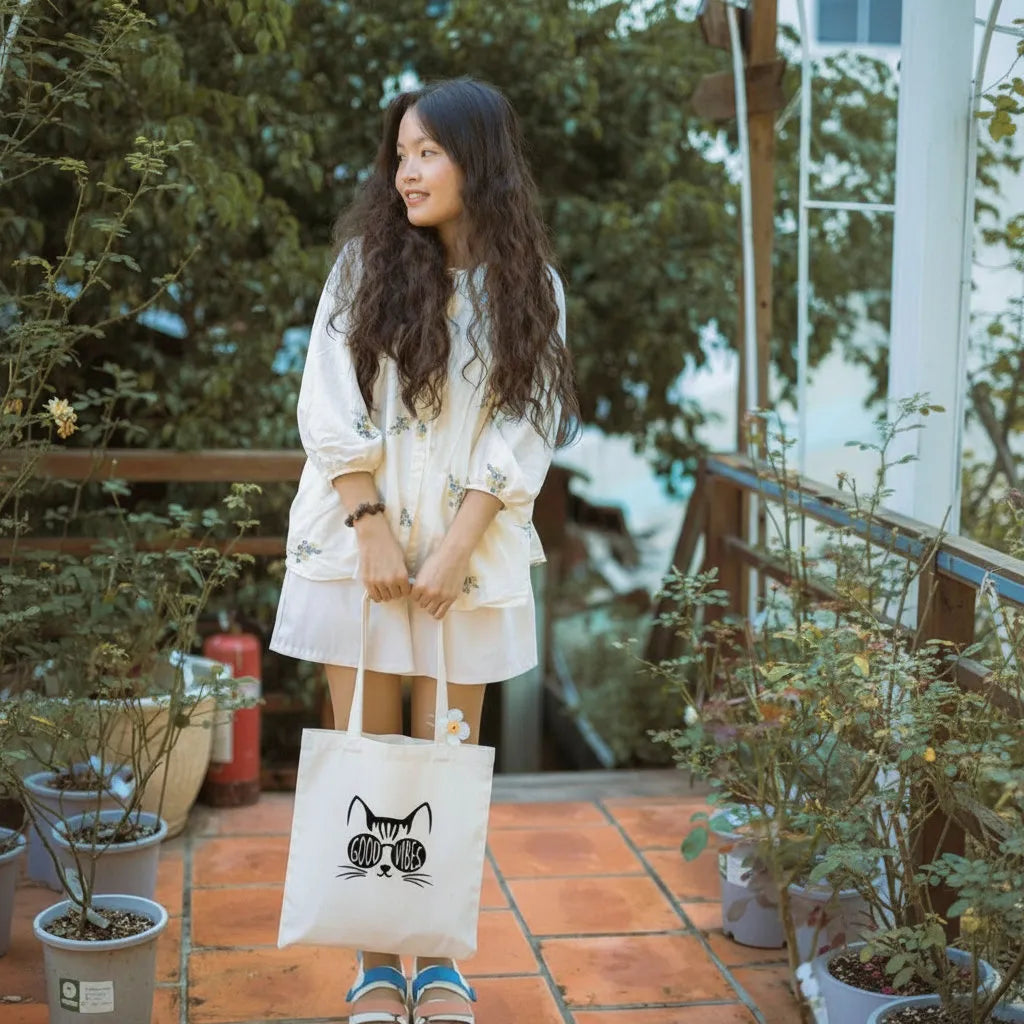 Canvas Tote Bag for Men & Women | 220 GSM Cotton, Premium Zipper, Coin Pouch (Vibes)