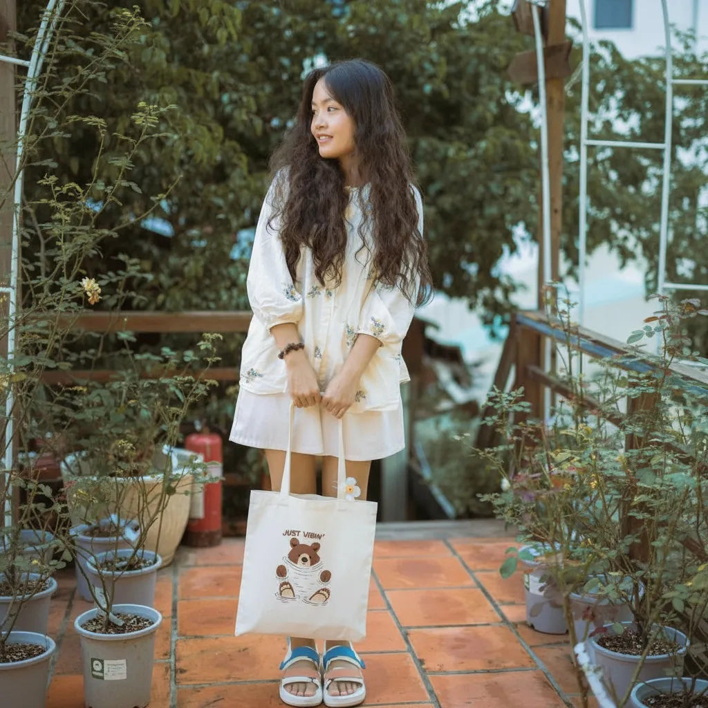 Canvas Tote Bag for Men & Women | 220 GSM Cotton, Premium Zipper, Coin Pouch (Bear Vibes)