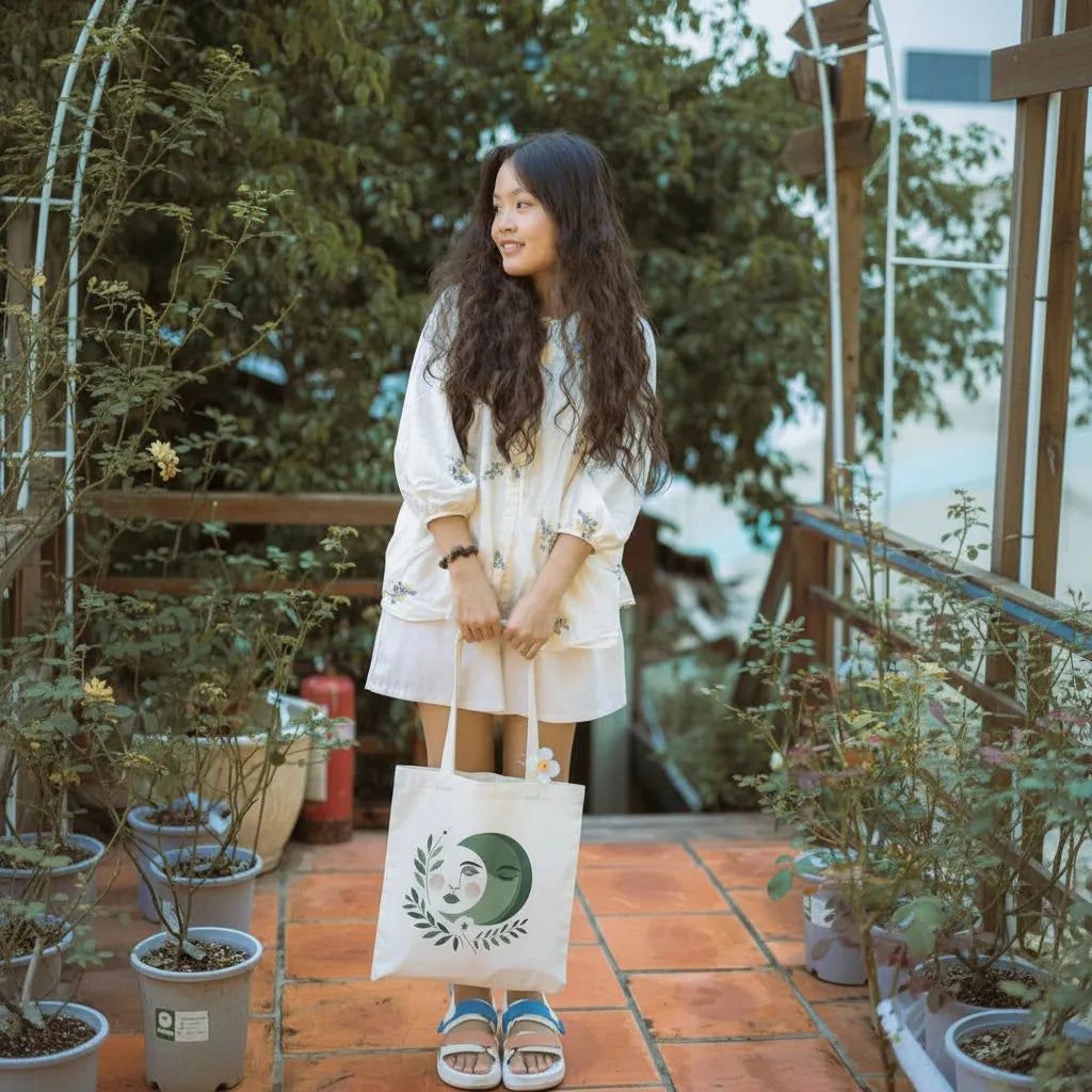 Canvas Tote Bag for Men & Women | 220 GSM Cotton, Premium Zipper, Coin Pouch (Moon)