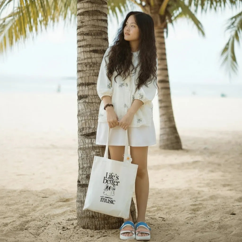 Canvas Tote Bag for Men & Women | 220 GSM Cotton, Premium Zipper, Coin Pouch (Music)