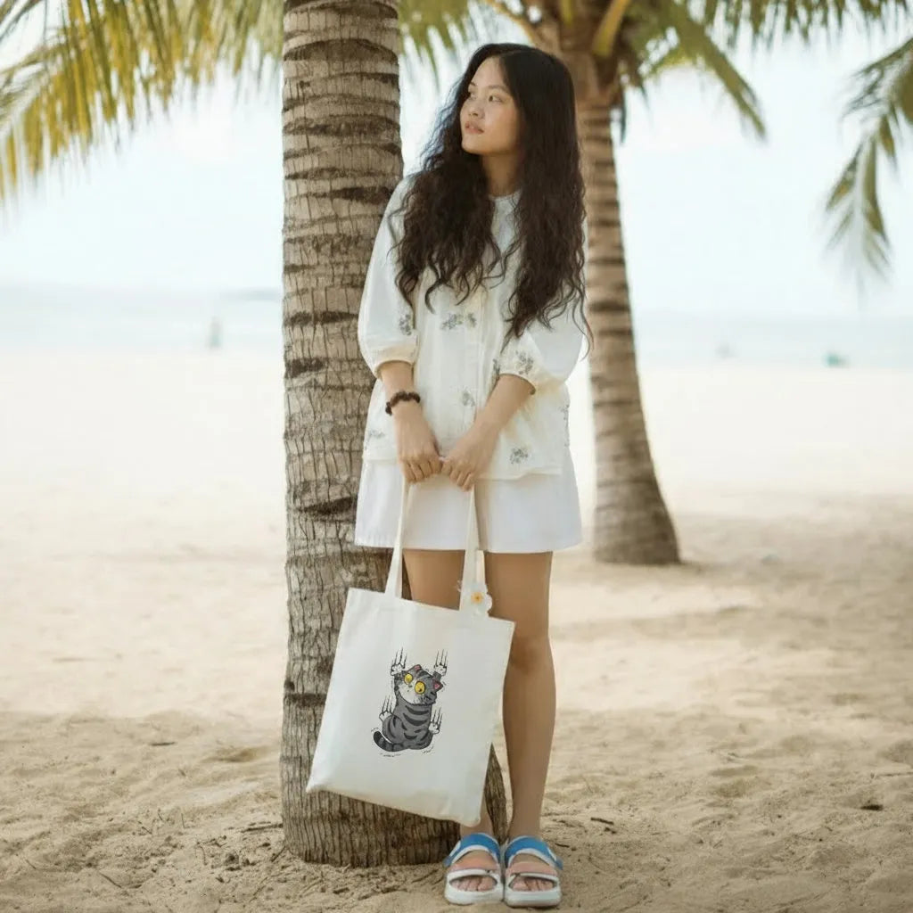 Canvas Tote Bag for Men & Women | 220 GSM Cotton, Premium Zipper, Coin Pouch (Cat)