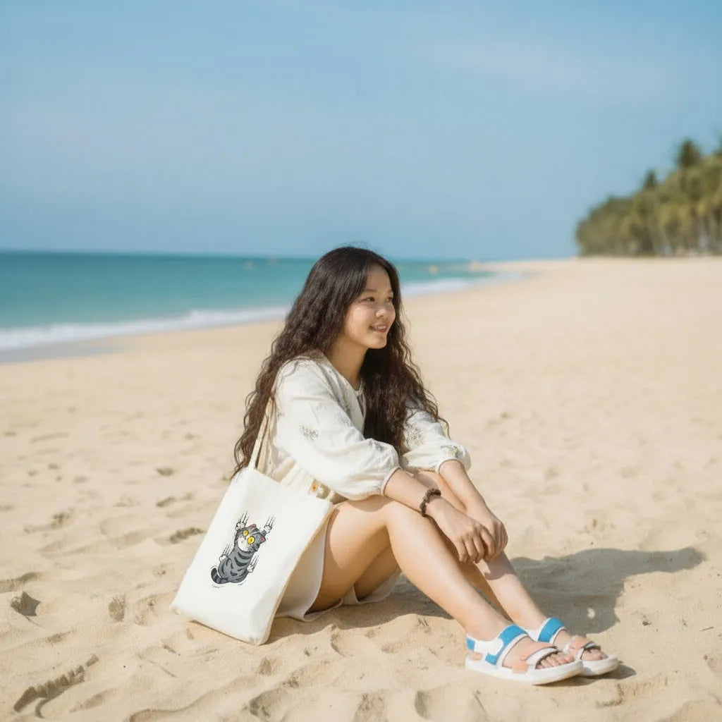 Canvas Tote Bag for Men & Women | 220 GSM Cotton, Premium Zipper, Coin Pouch (Cat)