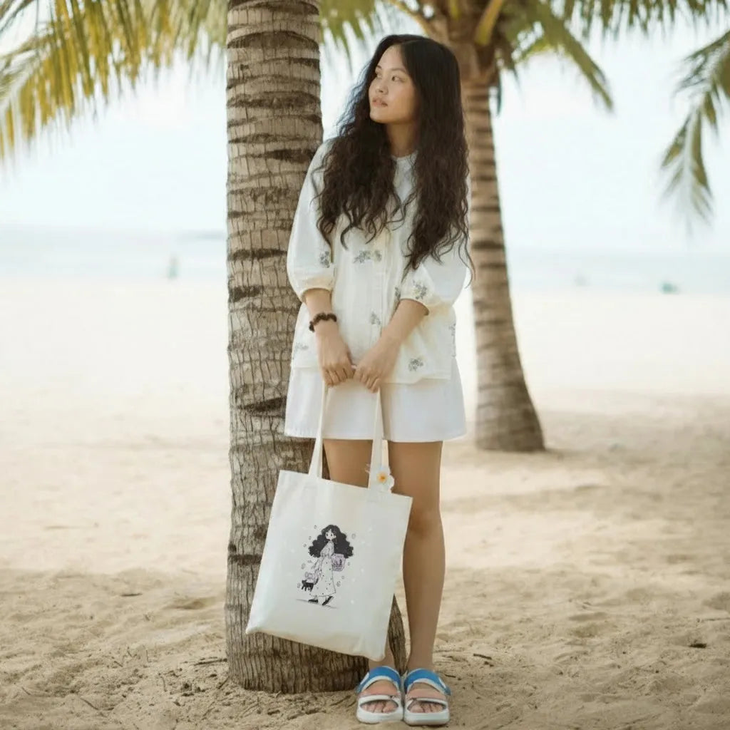 Canvas Tote Bag for Men & Women | 220 GSM Cotton, Premium Zipper, Coin Pouch (Girl)