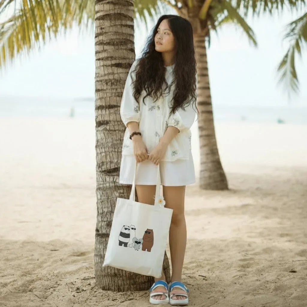 Canvas Tote Bag for Men & Women | 220 GSM Cotton, Premium Zipper, Coin Pouch (Bear)