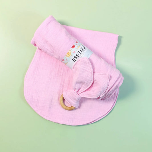 Newborn Baby Gift Hamper | 100% Muslin Cotton Essentials Set with Swaddle, Bibs, Burp Cloth & Teether | Baby Shower Gift Basket for Boys & Girls (Pink)