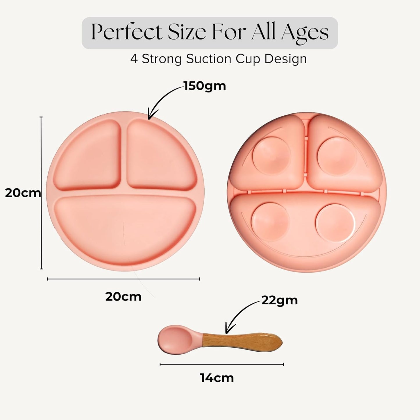 Silicone Plate and Spoon Set with 4 Strong Suctions (Peach)