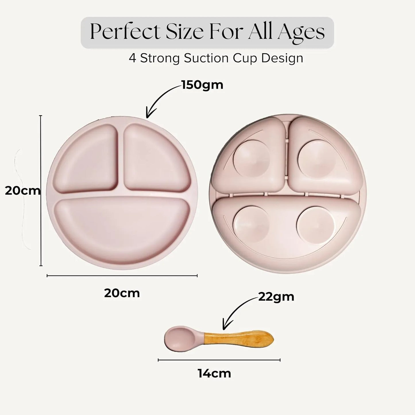 Silicone Plate and Spoon Set with 4 Strong Suctions (Pink)