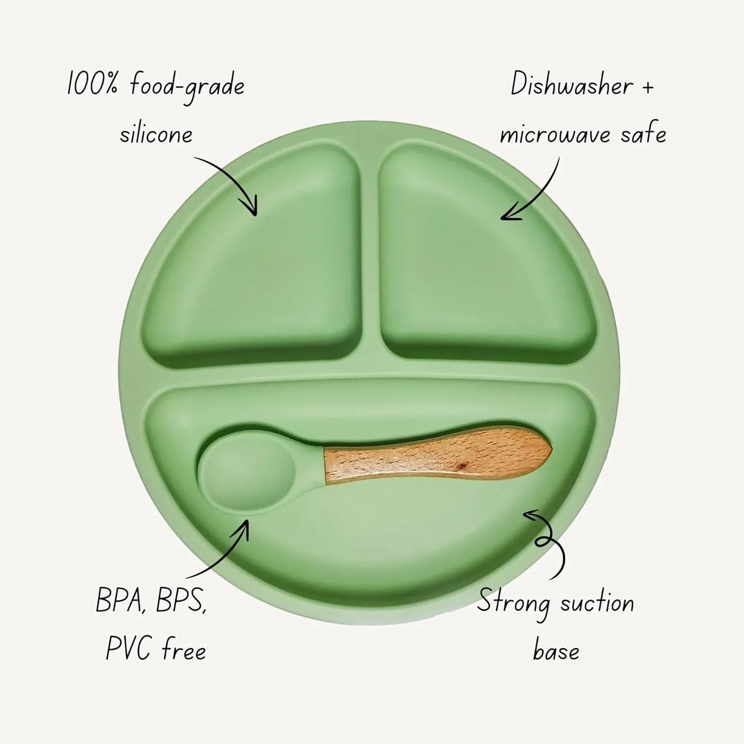 Silicone Plate and Spoon Set with 4 Strong Suctions (Green)