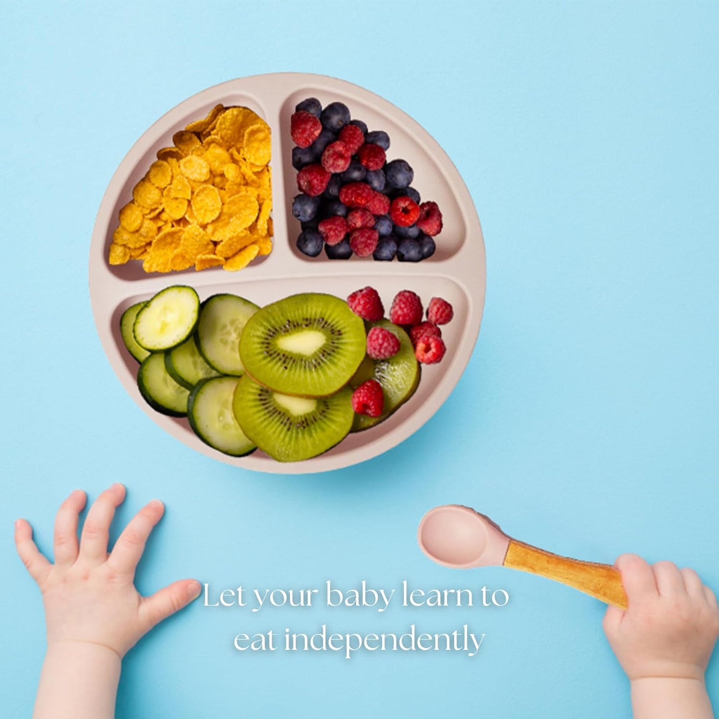 Silicone Plate and Spoon Set with 4 Strong Suctions (Peach)