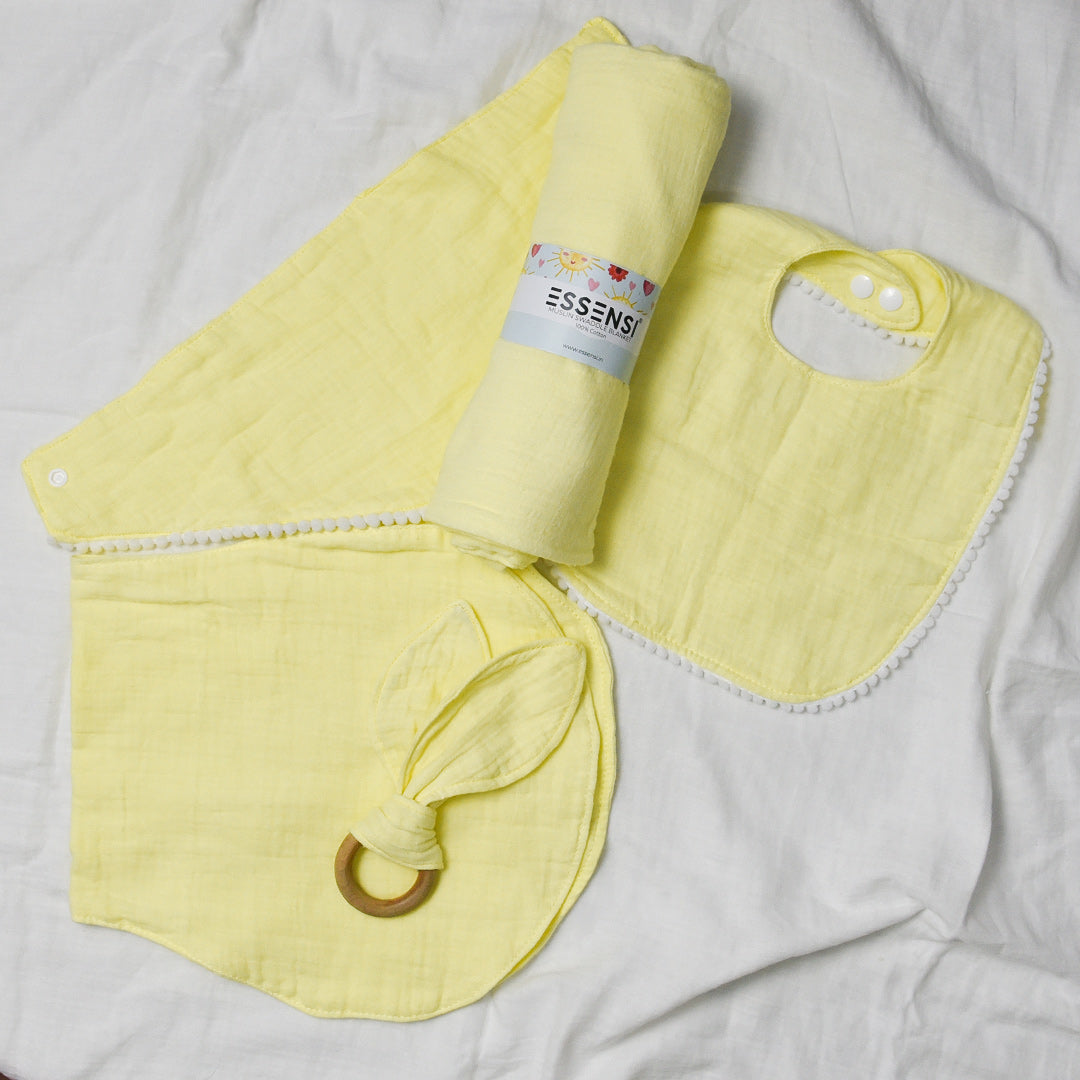 Newborn Baby Gift Hamper | 100% Muslin Cotton Essentials Set with Swaddle, Bibs, Burp Cloth & Teether | Baby Shower Gift Basket for Boys & Girls (Yellow)