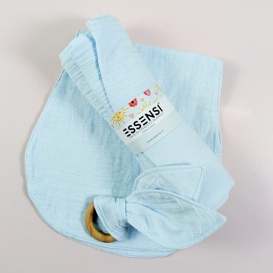 Newborn Baby Gift Hamper | 100% Muslin Cotton Essentials Set with Swaddle, Bibs, Burp Cloth & Teether | Baby Shower Gift Basket for Boys & Girls (Blue)