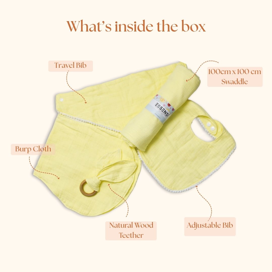 Newborn Baby Gift Hamper | 100% Muslin Cotton Essentials Set with Swaddle, Bibs, Burp Cloth & Teether | Baby Shower Gift Basket for Boys & Girls (Yellow)
