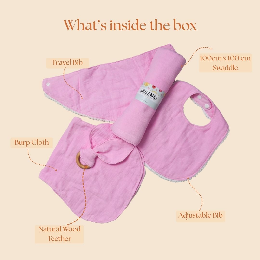 Newborn Baby Gift Hamper | 100% Muslin Cotton Essentials Set with Swaddle, Bibs, Burp Cloth & Teether | Baby Shower Gift Basket for Boys & Girls (Pink)
