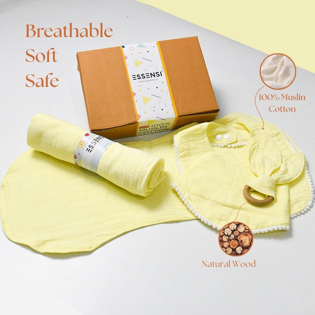 Newborn Baby Gift Hamper | 100% Muslin Cotton Essentials Set with Swaddle, Bibs, Burp Cloth & Teether | Baby Shower Gift Basket for Boys & Girls (Yellow)