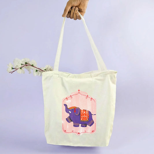 Canvas Tote Bag for Men & Women | 220 GSM Cotton, Premium Zipper, Coin Pouch| Elephant