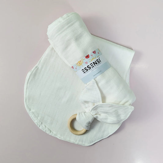 Newborn Baby Gift Hamper | 100% Muslin Cotton Essentials Set with Swaddle, Bibs, Burp Cloth & Teether | Baby Shower Gift Basket for Boys & Girls (White)