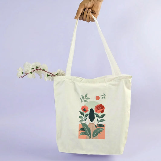 Canvas Tote Bag for Men & Women | 220 GSM Cotton, Premium Zipper, Coin Pouch (Garden Girl)