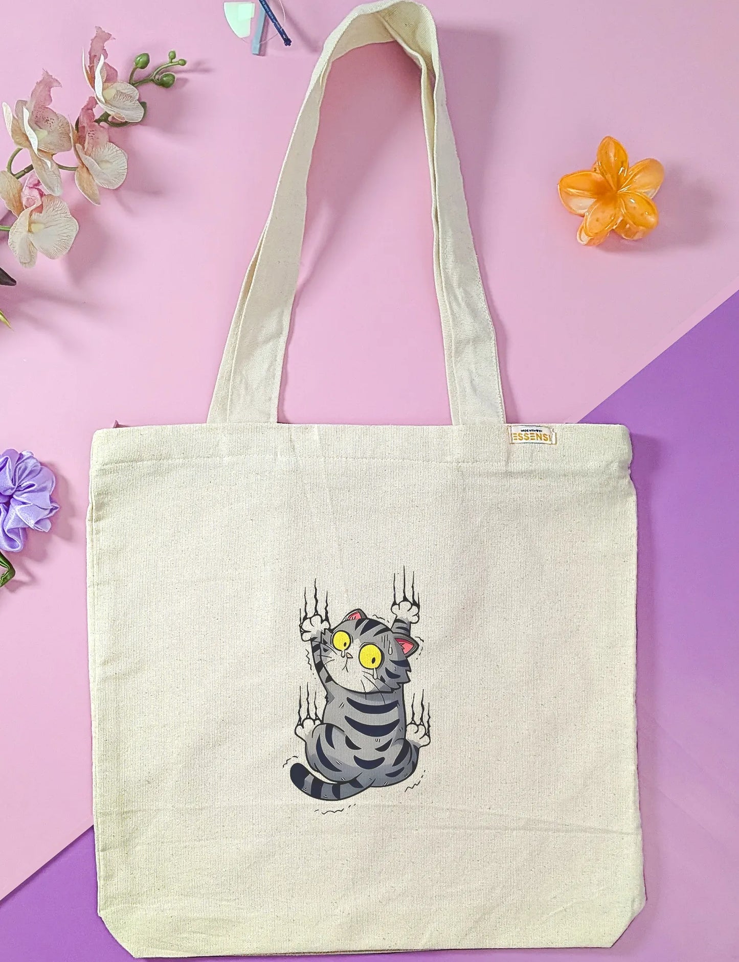 Canvas Tote Bag for Men & Women | 220 GSM Cotton, Premium Zipper, Coin Pouch (Cat)