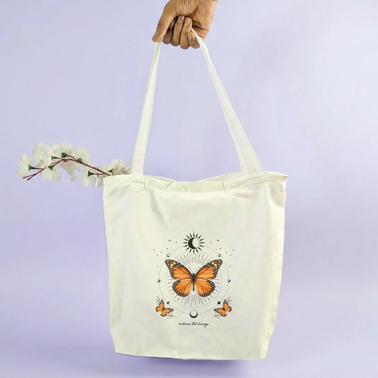 Canvas Tote Bag for Men & Women | 220 GSM Cotton, Premium Zipper, Coin Pouch| Embrace Change