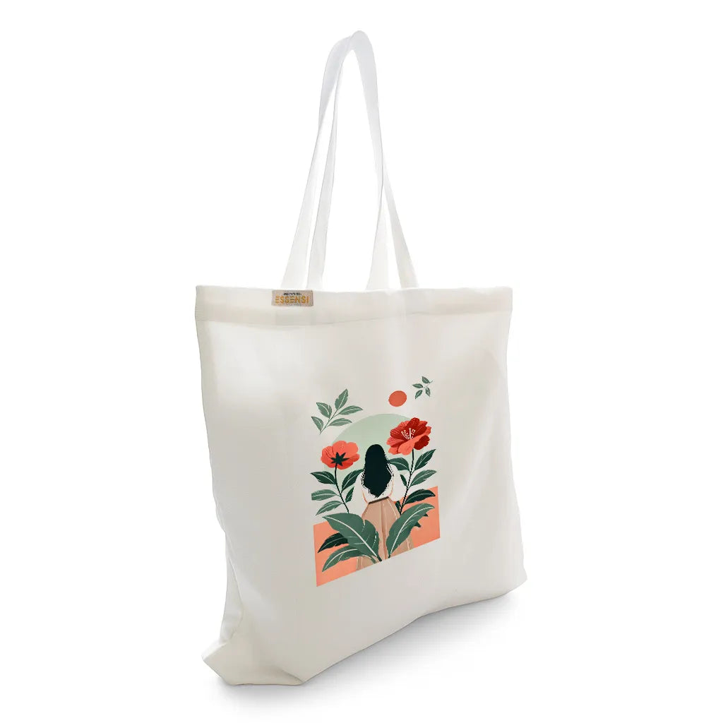 Canvas Tote Bag for Men & Women | 220 GSM Cotton, Premium Zipper, Coin Pouch (Flowers)