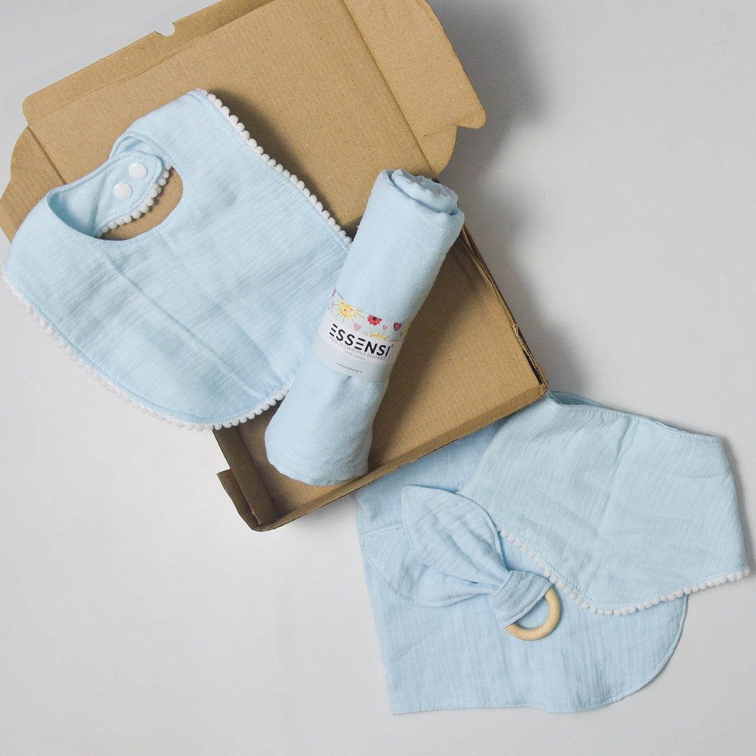 Newborn Baby Gift Hamper | 100% Muslin Cotton Essentials Set with Swaddle, Bibs, Burp Cloth & Teether | Baby Shower Gift Basket for Boys & Girls (Blue)