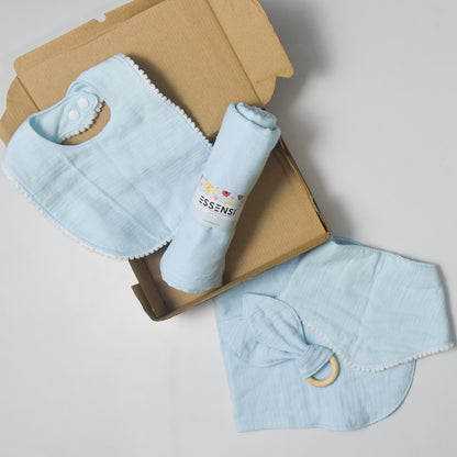 Newborn Baby Gift Hamper | 100% Muslin Cotton Essentials Set with Swaddle, Bibs, Burp Cloth & Teether | Baby Shower Gift Basket for Boys & Girls (Blue)
