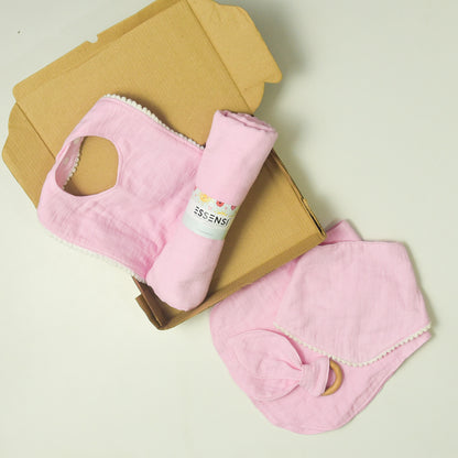 Newborn Baby Gift Hamper | 100% Muslin Cotton Essentials Set with Swaddle, Bibs, Burp Cloth & Teether | Baby Shower Gift Basket for Boys & Girls (Pink)