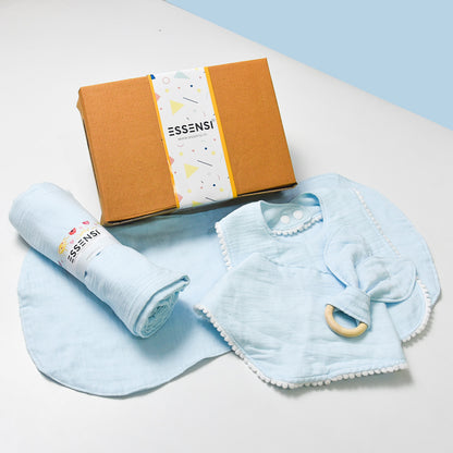 Newborn Baby Gift Hamper | 100% Muslin Cotton Essentials Set with Swaddle, Bibs, Burp Cloth & Teether | Baby Shower Gift Basket for Boys & Girls (Blue)