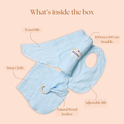 Newborn Baby Gift Hamper | 100% Muslin Cotton Essentials Set with Swaddle, Bibs, Burp Cloth & Teether | Baby Shower Gift Basket for Boys & Girls (Blue)