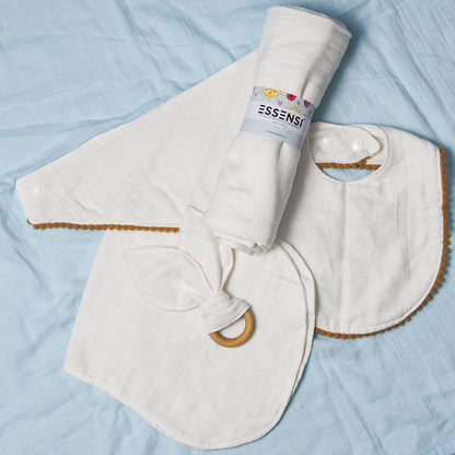 Newborn Baby Gift Hamper | 100% Muslin Cotton Essentials Set with Swaddle, Bibs, Burp Cloth & Teether | Baby Shower Gift Basket for Boys & Girls (White)
