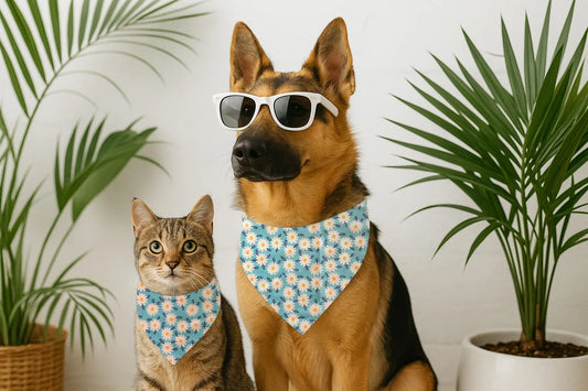 Dog & Cat Bandana with Collar, Adjustable Pet Scarf | Blue Daisy