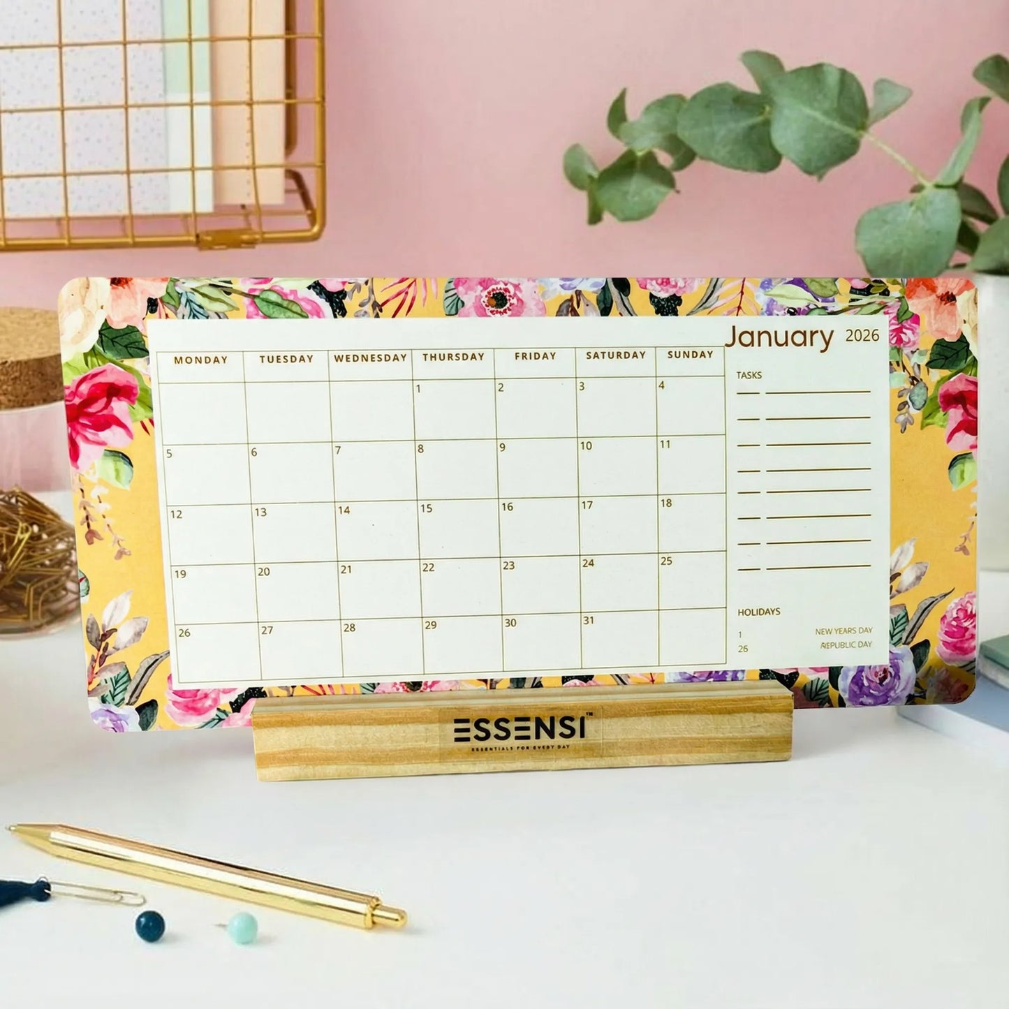 2026 Desk Calendar With Wooden Stand | For Home and Office | Floral