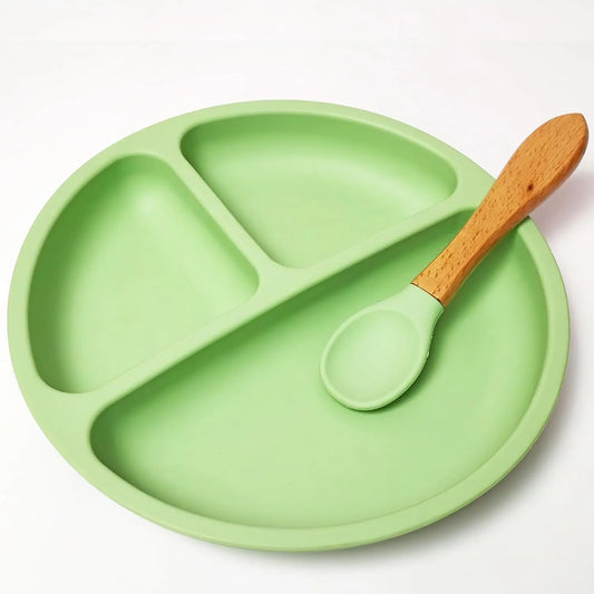Silicone Plate and Spoon Set with 4 Strong Suctions (Green)
