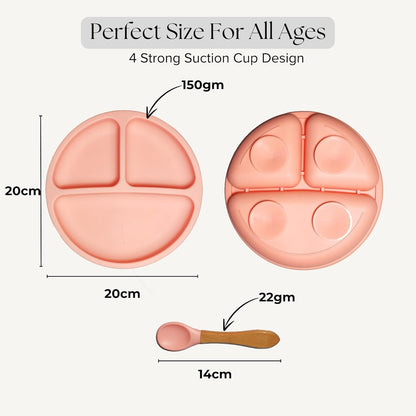 Silicone Plate and Spoon Set with 4 Strong Suctions (Peach)