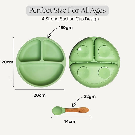 Silicone Plate and Spoon Set with 4 Strong Suctions (Green)