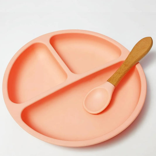 Silicone Plate and Spoon Set with 4 Strong Suctions (Peach)