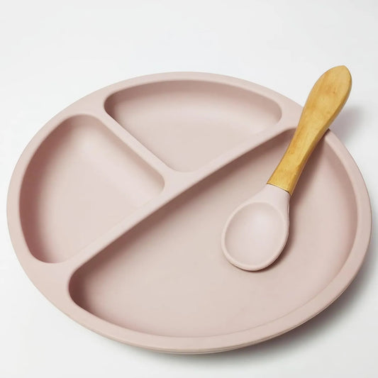 Silicone Plate and Spoon Set with 4 Strong Suctions (Pink)
