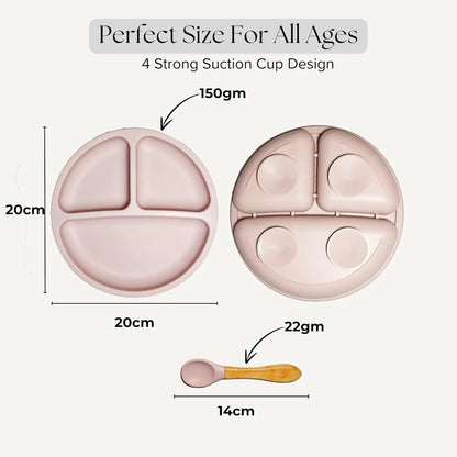 Silicone Plate and Spoon Set with 4 Strong Suctions (Pink)