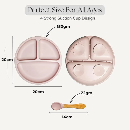 Silicone Plate and Spoon Set with 4 Strong Suctions (Pink)