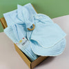 Newborn Baby Gift Hamper | 100% Muslin Cotton Essentials Set with Swaddle, Bibs, Burp Cloth & Teether | Baby Shower Gift Basket for Boys & Girls (Blue)
