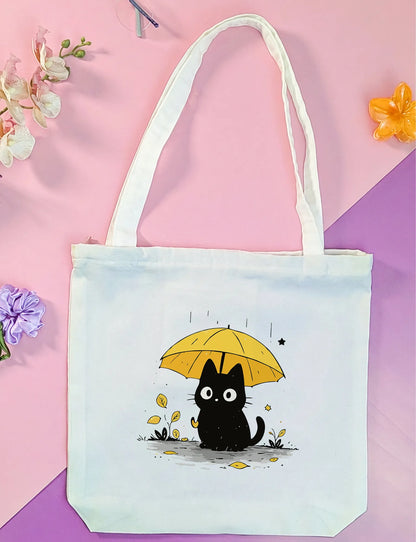 Canvas Tote Bag for Men & Women | 220 GSM Cotton, Premium Zipper, Coin Pouch| Umbrella Kitty
