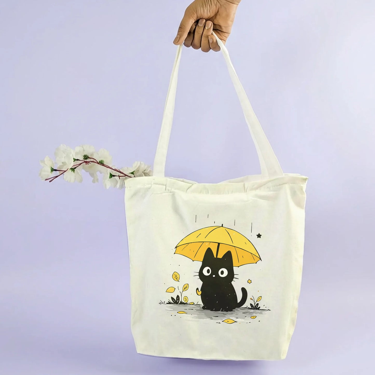 Canvas Tote Bag for Men & Women | 220 GSM Cotton, Premium Zipper, Coin Pouch| Umbrella Kitty