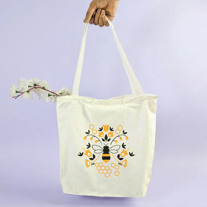 Canvas Tote Bag for Men & Women | 220 GSM Cotton, Premium Zipper, Coin Pouch|Bumble Bee