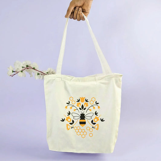 Canvas Tote Bag for Men & Women | 220 GSM Cotton, Premium Zipper, Coin Pouch|Bumble Bee