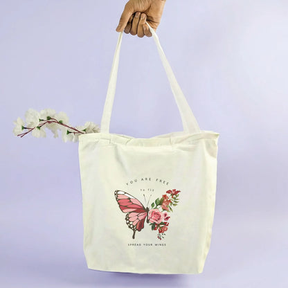 Canvas Tote Bag for Men & Women | 220 GSM Cotton, Premium Zipper, Coin Pouch| Butter Fly