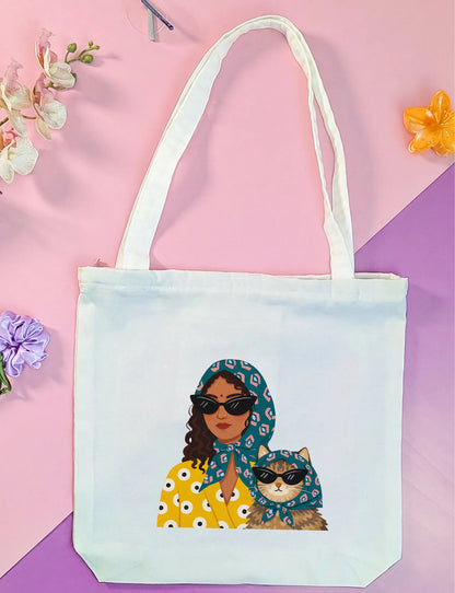 Canvas Tote Bag for Men & Women | 220 GSM Cotton, Premium Zipper, Coin Pouch| Cat Lady